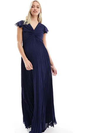 TFNC Bridesmaid chiffonmaxi dress with flutter sleeve and pleated skirt in navy