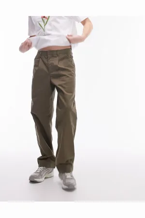 Topman Wide leg workwear chino trousers with pleats in khaki