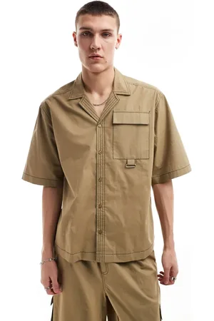 COLLUSION Ripstop boxy revere shirt with contrast stitch co-ord in khaki