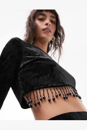 Topshop Co-ord velvet long sleeve tassel top in
