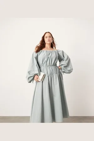 ASOS Curve bardot pleat detail maxi dress with balloon sleeves in blue