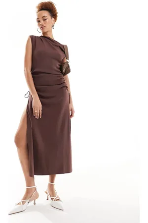 Lioness Off shoulder thigh split midaxi dress in