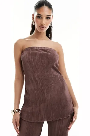 In The Style Bandeau plisse longline top co-ord in chocolate