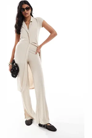 VERO MODA Wide leg ribbed jersey trouser co-ord in oatmeal