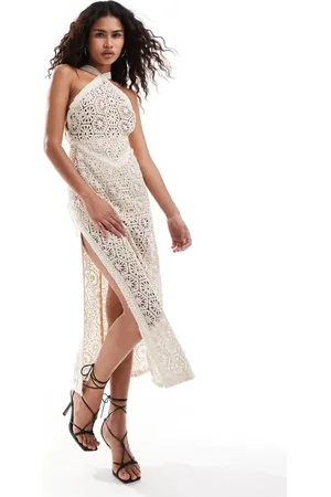 Amy Lynn Crochet halter midaxi dress with cut out back detail in natural