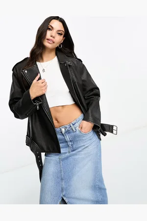 Miss Selfridge Washed faux leather oversized biker jacket in wash