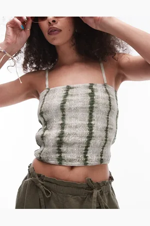 Topshop Shirred bandeau top in green tie dye print