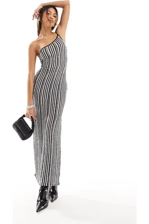 Kaiia Knitted one shoulder maxi dress in black and white stripe