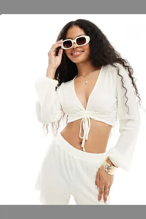 VERO MODA Cropped plisse top co-ord with tie front in cream