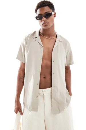 New Look Short sleeve linen blend shirt in stone