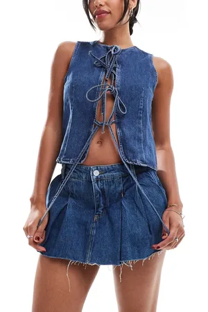 ONLY Pleated denim mini skort in indigo wash