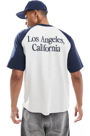 Hollister Back print heavyweight boxy fit raglan baseball t-shirt in marl/navy