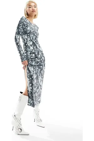 Monki Long sleeve stretch column dress with side split in