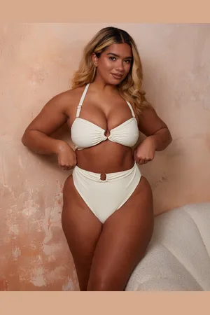 Wolf & Whistle X Natalie Gessey Fuller Bust high waist bikini bottom with gold trim detail in cream