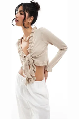 Pieces® Tie front frill cardigan in stone
