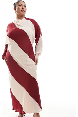 ASOS ASOS DESIGN Curve high neck stripe maxi dress in beige and berry stripe