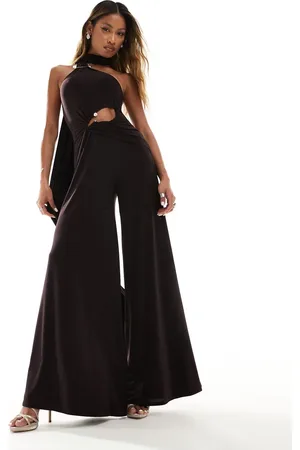 ASOS Wide leg jumpsuit with double trim and long neck tie in chocolate