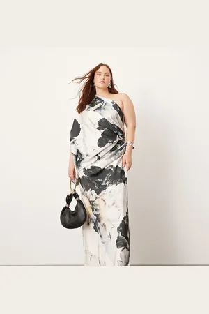 ASOS Curve satin oversized one sleeve maxi dress in large floral print