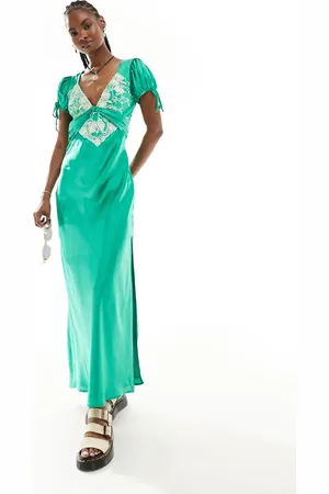 Free People Satin midaxi slip dress with tie sleeves in turquoise