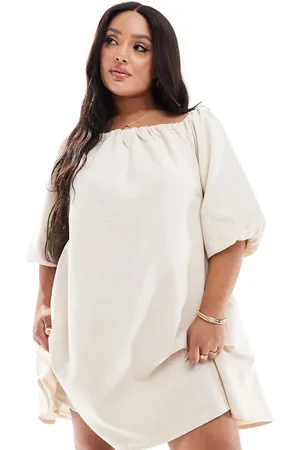In The Style Linen mix bardot puff sleeve mini dress in stone