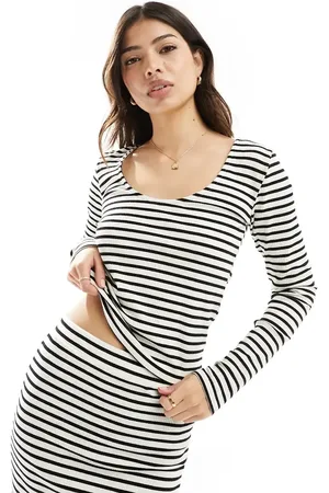 Pieces® Ribbed long sleeved scoop back top co-ord in cream and black stripe