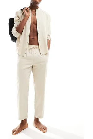 Pull&Bear Linen look wide leg trousers in sand