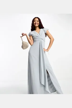TFNC Bridesmaid flutter sleeve maxi dress in grey
