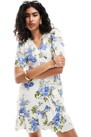 & OTHER STORIES Linen mini dress with wrap front and puff sleeves in floral print