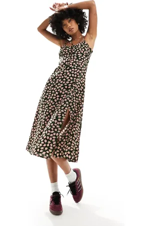 Monki Strappy midi dress with split in strawberries print
