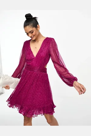 Forever New Sheer sleeve plisse mini dress in metallic