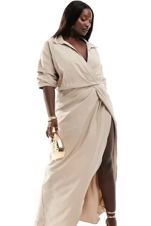 ASOS ASOS DESIGN Curve washed collar twist waist maxi dress in taupe