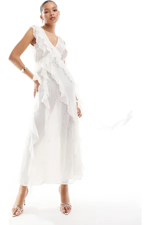 Miss Selfridge Chiffon lace mix ruffle detail maxi dress in ivory