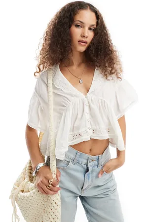 Free People Low v neck floaty blouse with broderie in ivory