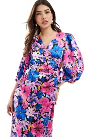 VILA Satin wrap maxi dress in purple floral print