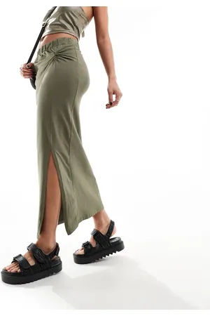 Noisy May Twist front maxi skirt with split hem in khaki