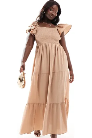 Pretty Lavish Ruffle sleeve shirred maxi dress in biscuit