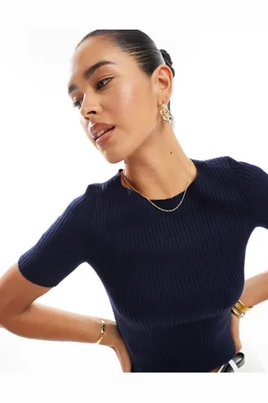 MANGO Fine knit ribbed t-shirt in navy