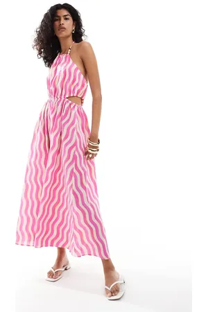 MANGO Wave stripe halter midi dress in