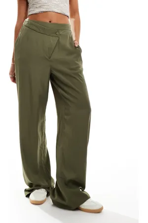 Noisy May Wide leg satin trousers with asymmetric waistband in khaki