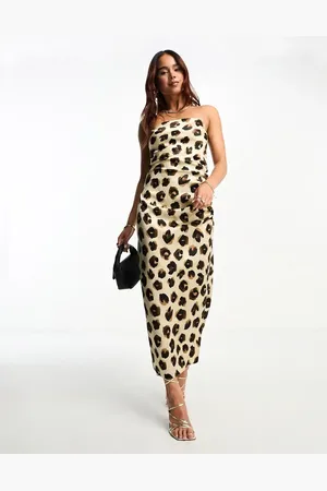 Vesper Bandeau midi dress in cream lepoard