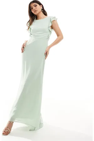 TFNC Bridesmaid chiffon twist back maxi dress with flutter sleeve in fresh mint