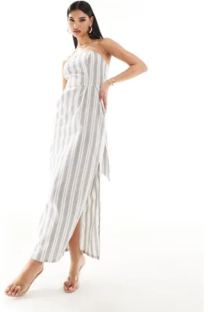 Kaiia Bandeau oversized tie detail maxi dress in cream stripe