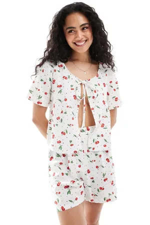 ONLY Linen mix tie front top co-ord in cherry print
