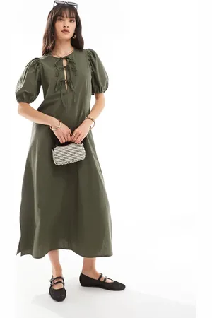 ONLY Puff sleeve bow maxi dress in olive