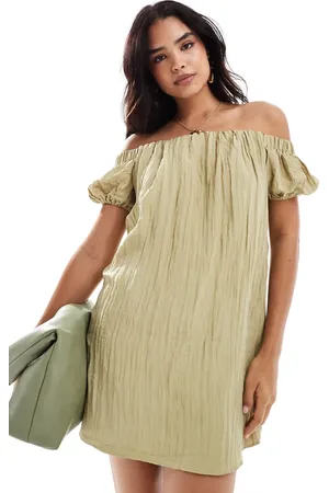 New Look Bardot crinkle mini dress in khaki