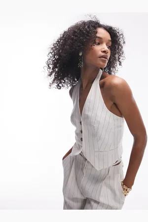 Topshop Co-ord stripe linen halterneck waistcoat in cream