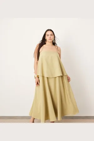 ASOS Curve strappy square neck maxi with pockets and dramatic drape detail in olive