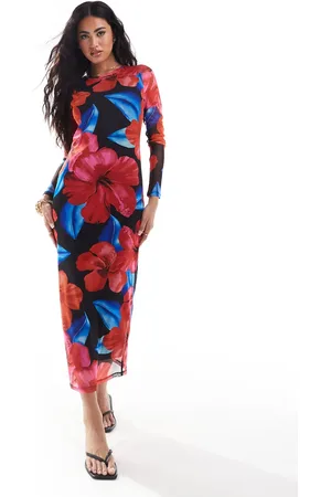 New Look Hibiscus mesh midi dress in black and pink