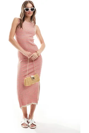Object Knitted tank maxi dress with side splits in red and stone stripe