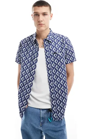 Lee Short sve geometric pattern linen blend shirt in dark blue